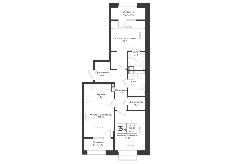 3-комн. 61.2 м²