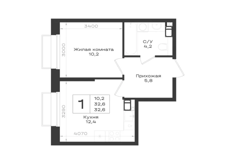 1-комн. 32.6 м²