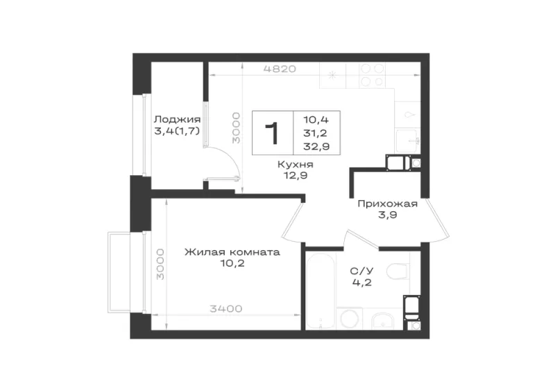 1-комн. 32.9 м²