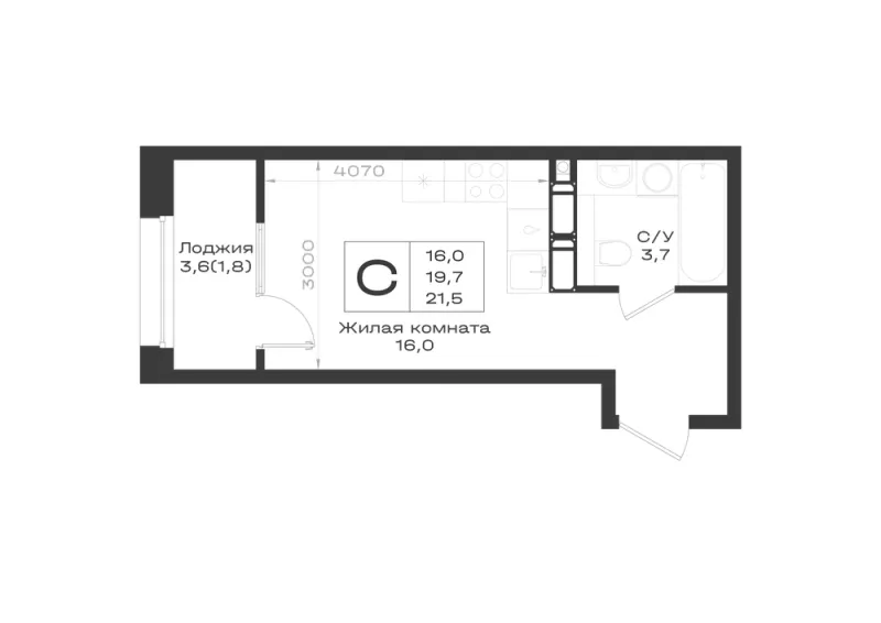Студия 21.5 м²