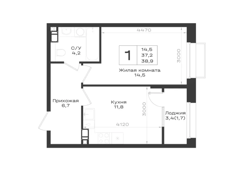 1-комн. 38.9 м²
