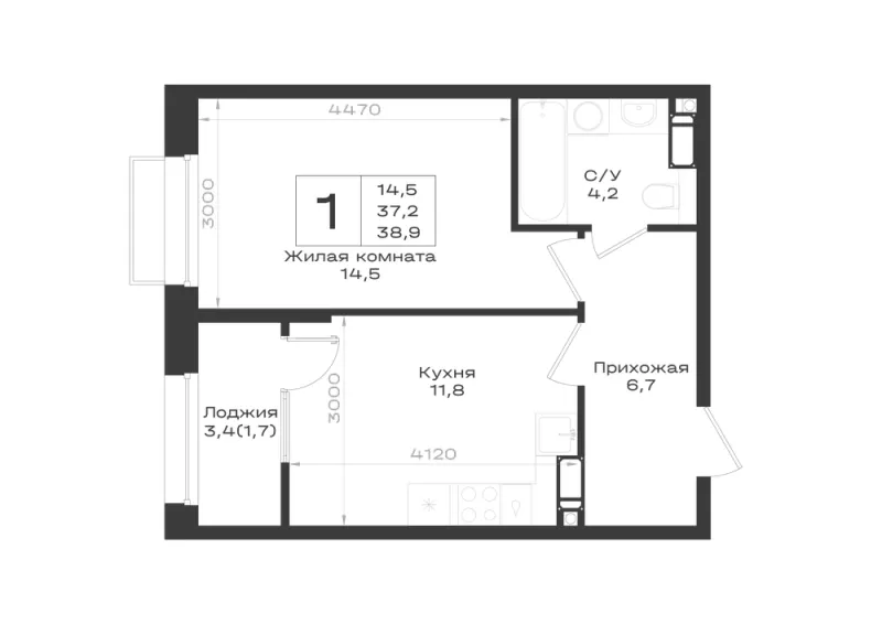 1-комн. 38.9 м²