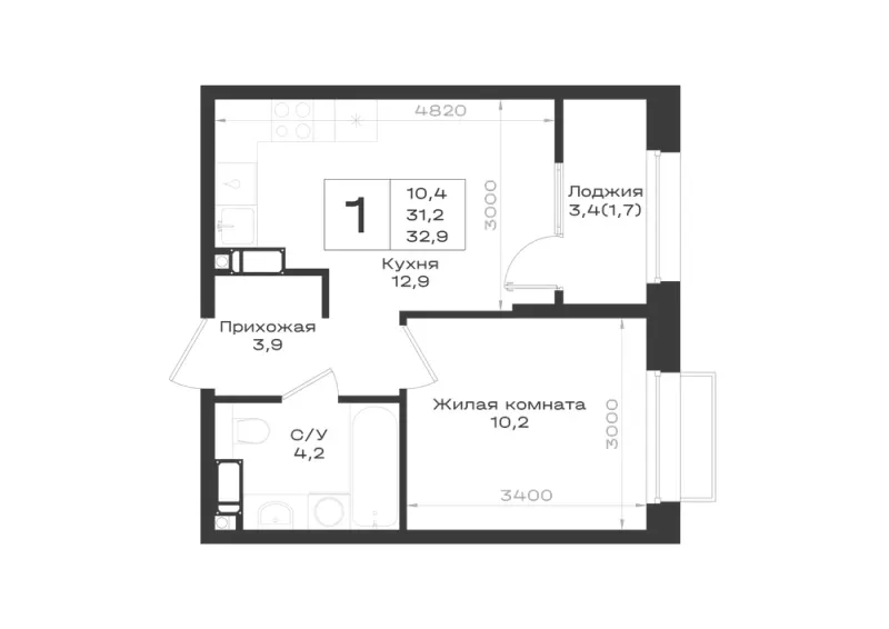 1-комн. 32.9 м²