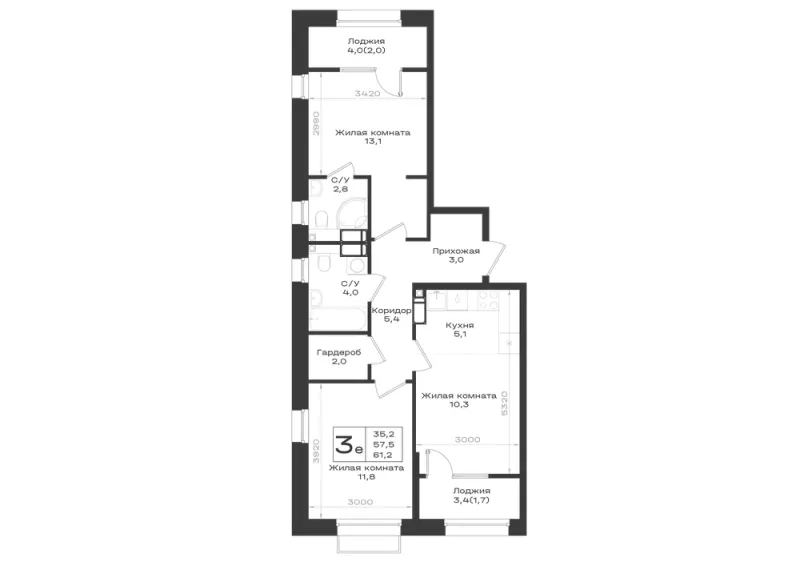 3-комн. 61.2 м²