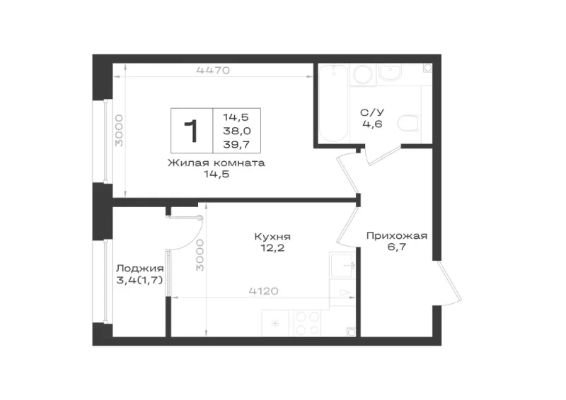 1-комн. 38.9 м²
