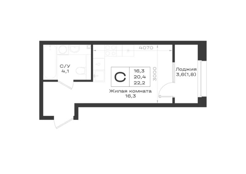 Студия 22.2 м²