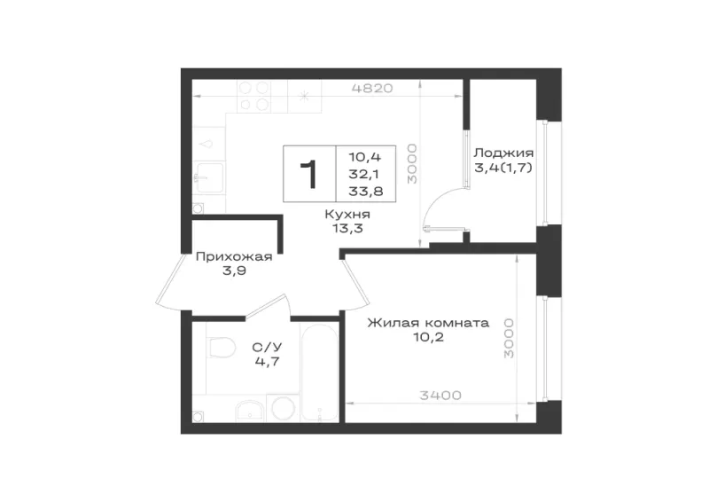 1-комн. 33.8 м²