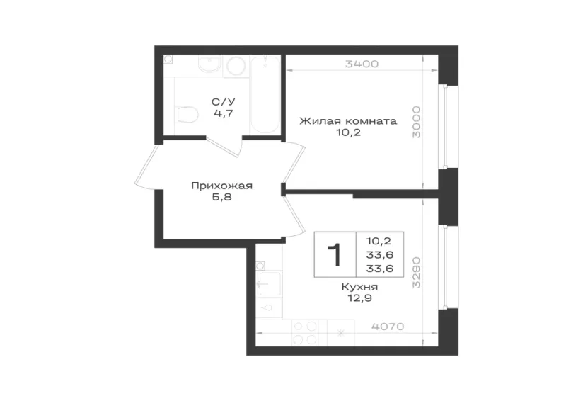 1-комн. 33.6 м²