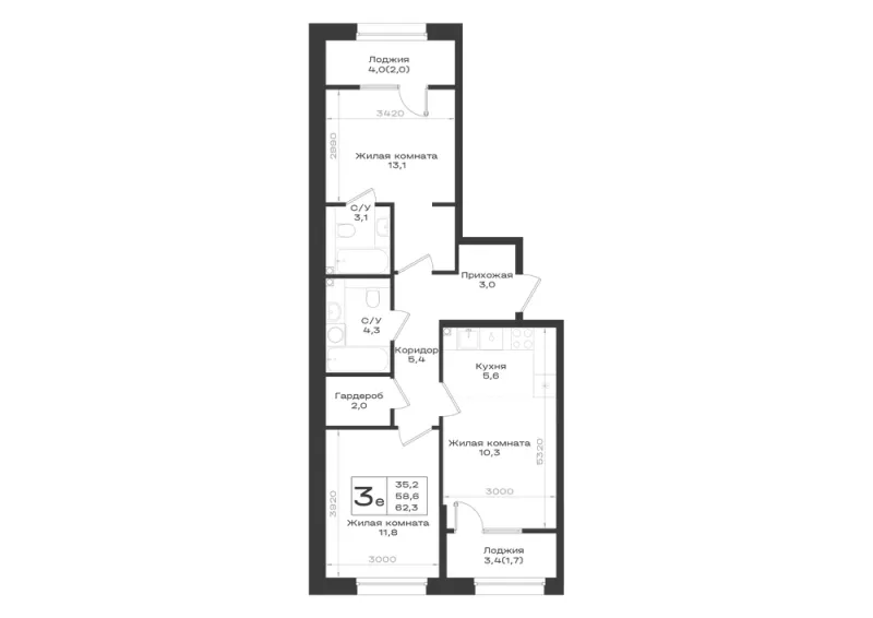 3-комн. 62.3 м²