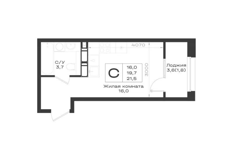Студия 21.5 м²