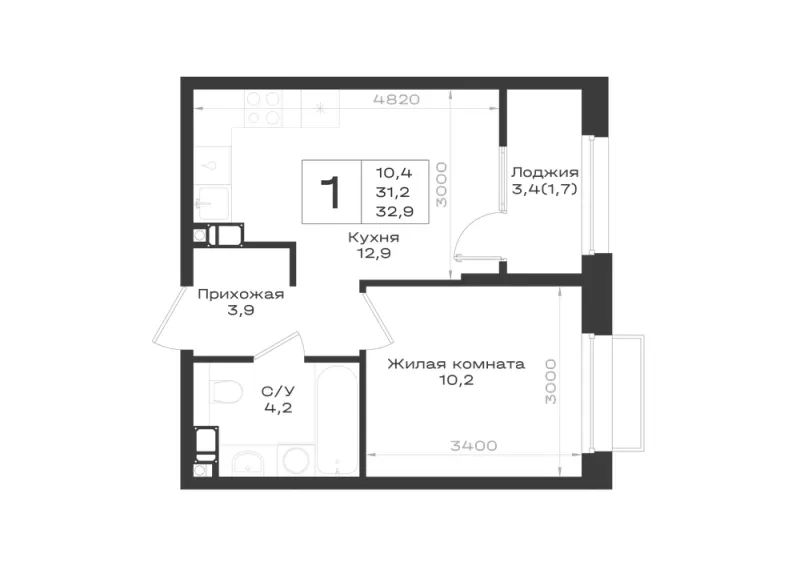 1-комн. 32.9 м²