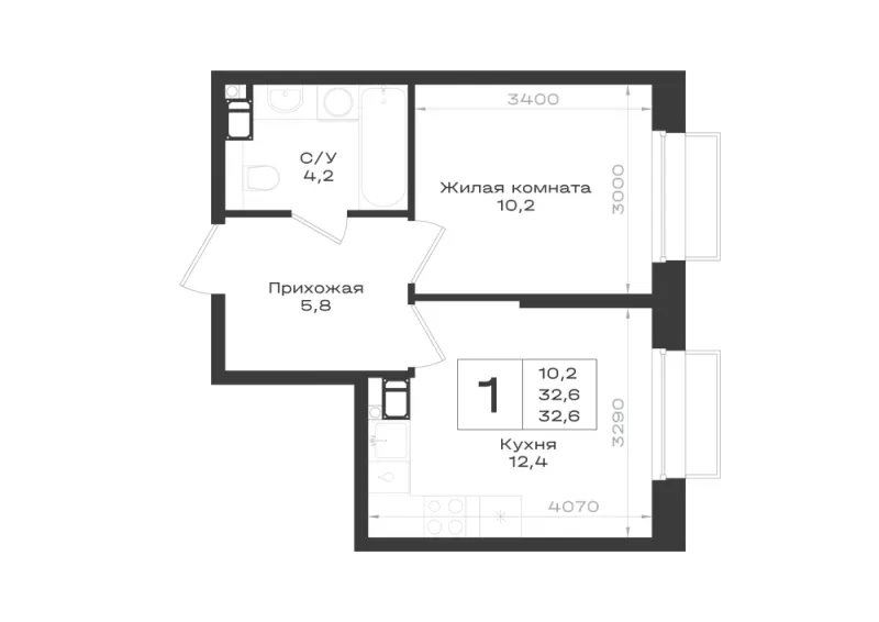 1-комн. 32.6 м²