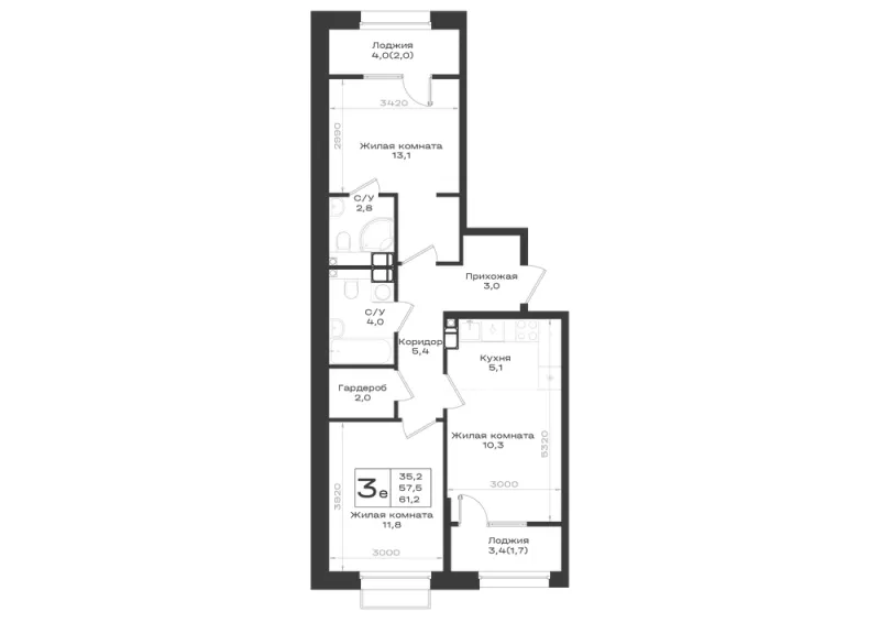 3-комн. 61.2 м²
