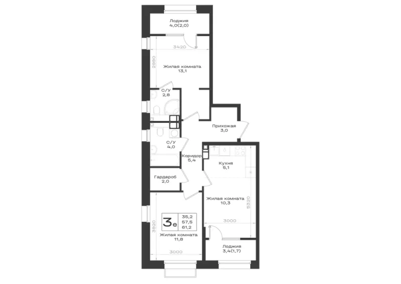 3-комн. 61.2 м²