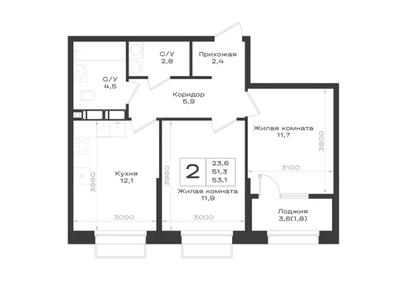 2-комн. 53.1 м²