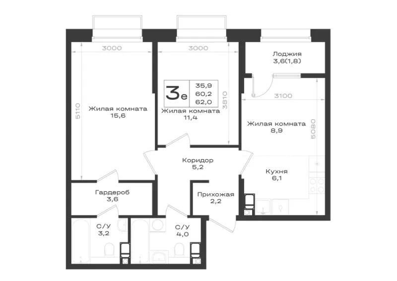 3-комн. 62 м²