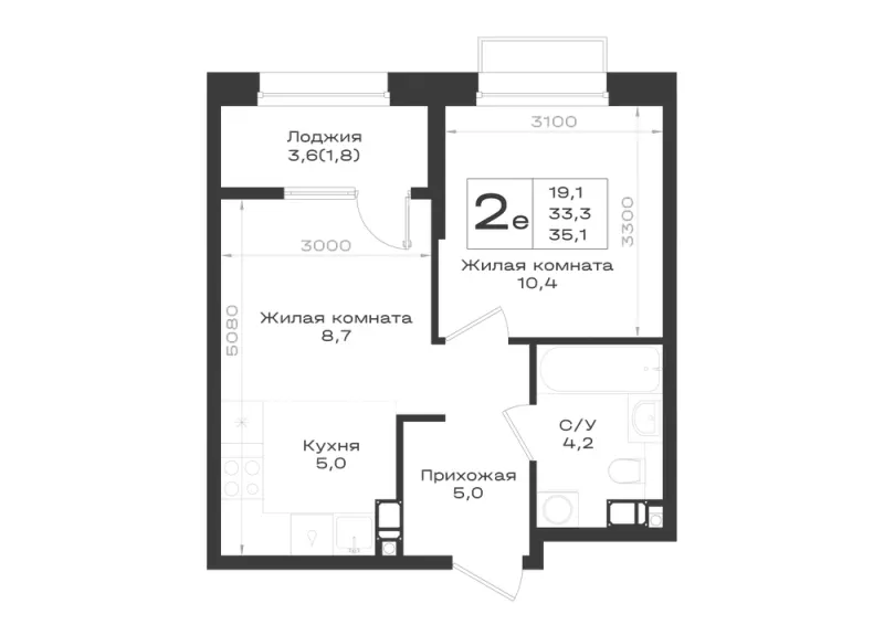 2-комн. 35.1 м²