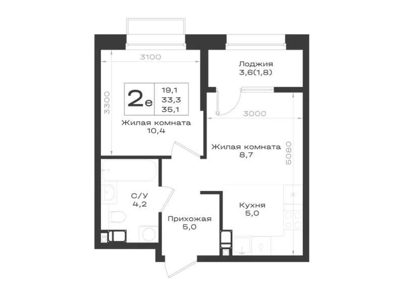 2-комн. 35.1 м²