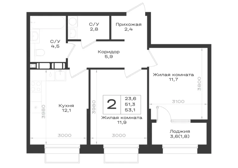 2-комн. 53.1 м²
