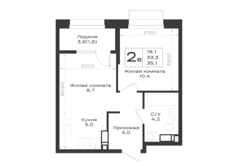 2-комн. 35.1 м²