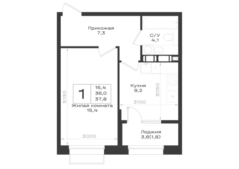 1-комн. 37.8 м²