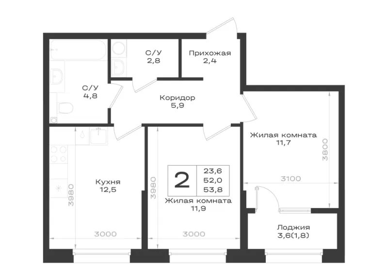 2-комн. 53.8 м²