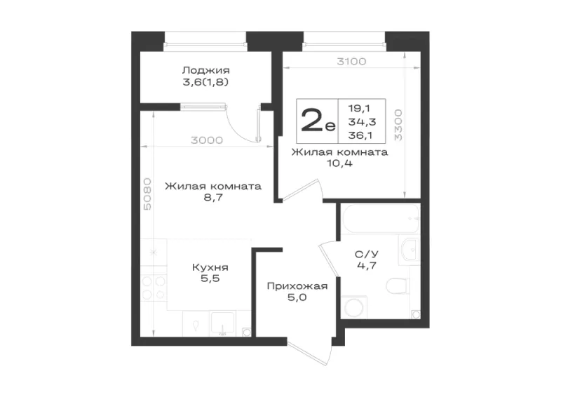 2-комн. 36.1 м²