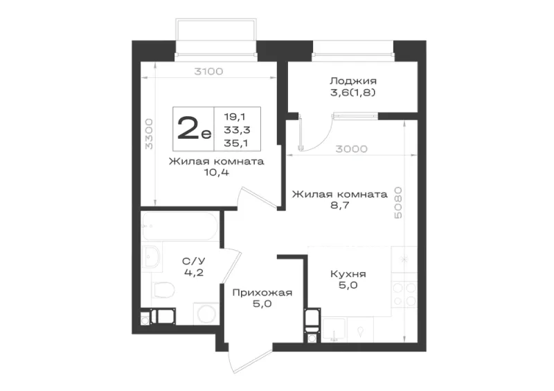 2-комн. 35.1 м²