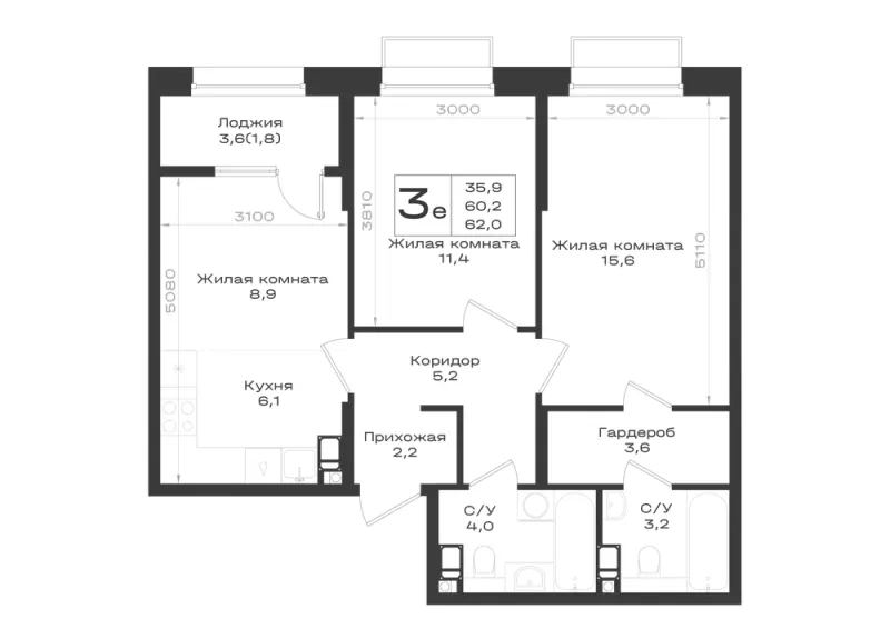 3-комн. 62 м²