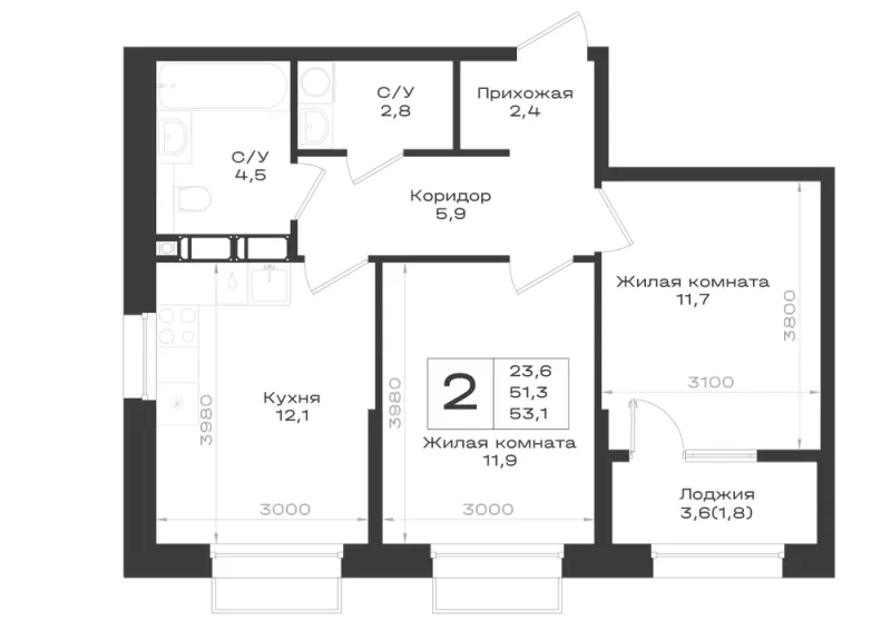 2-комн. 53.1 м²