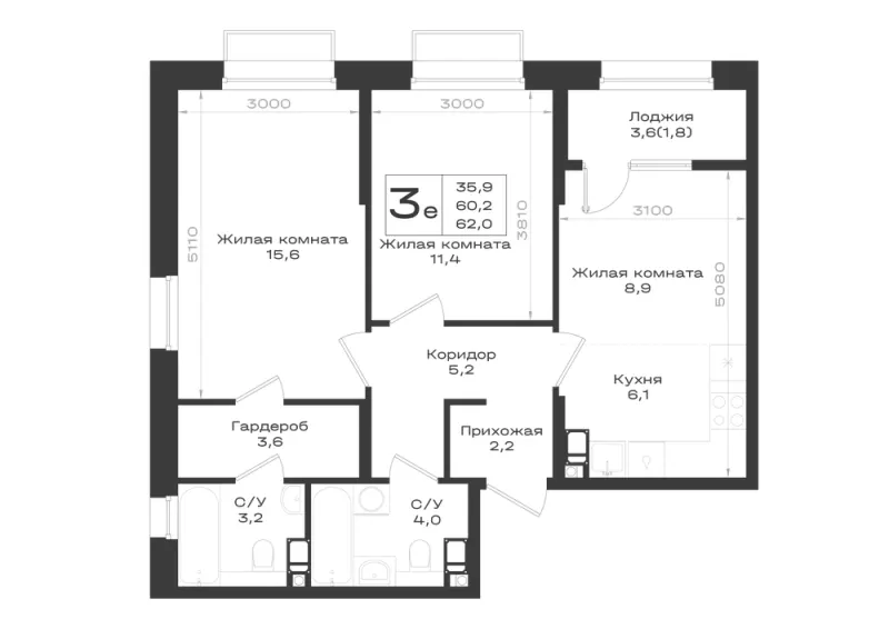 3-комн. 62 м²
