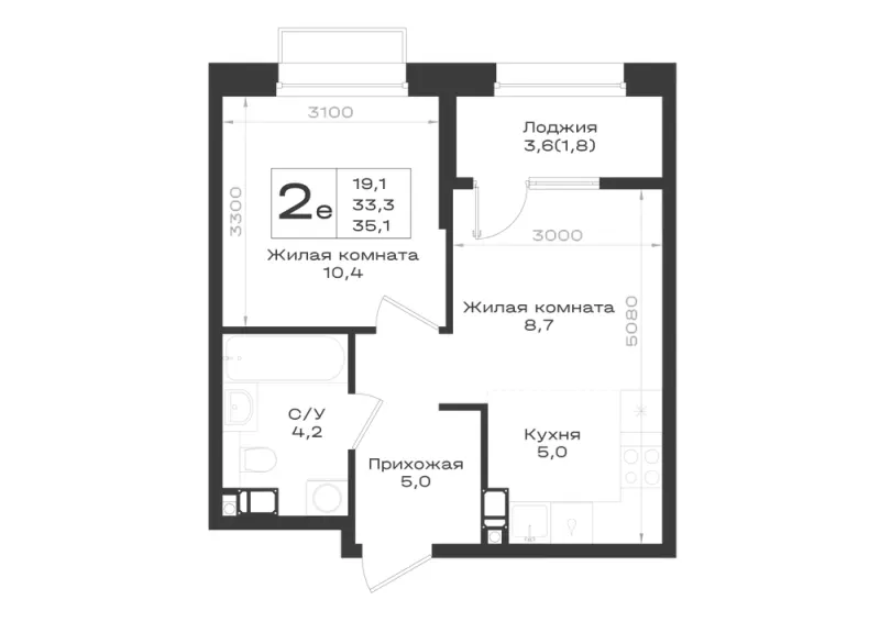 2-комн. 35.1 м²