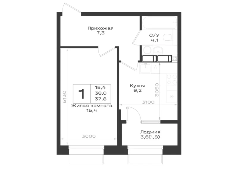 1-комн. 37.8 м²