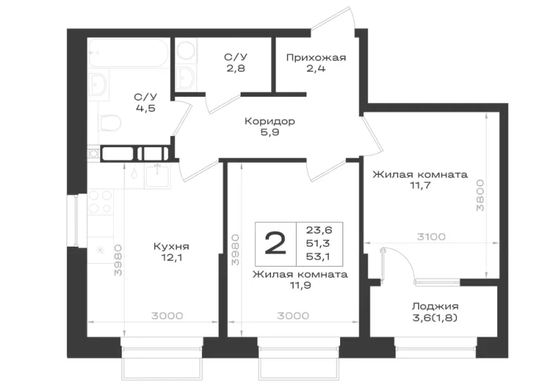 2-комн. 53.1 м²