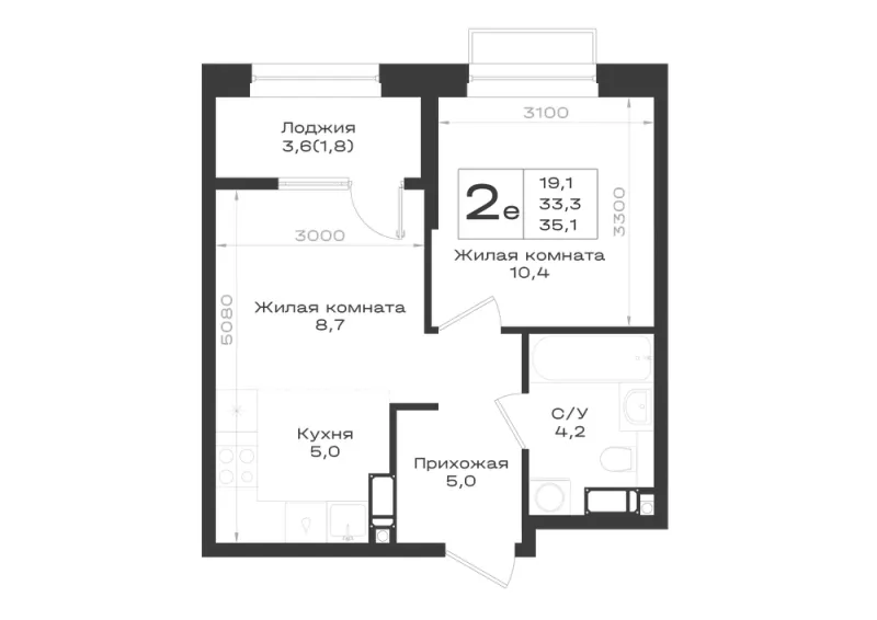 2-комн. 35.1 м²