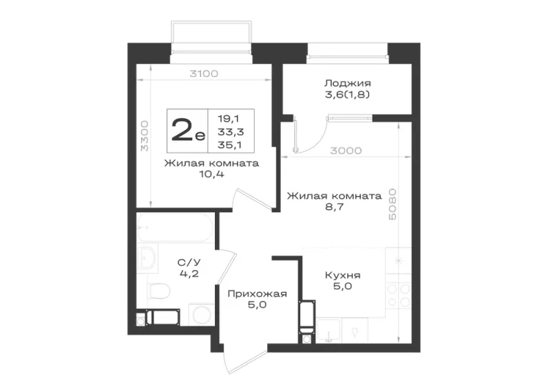 2-комн. 35.1 м²