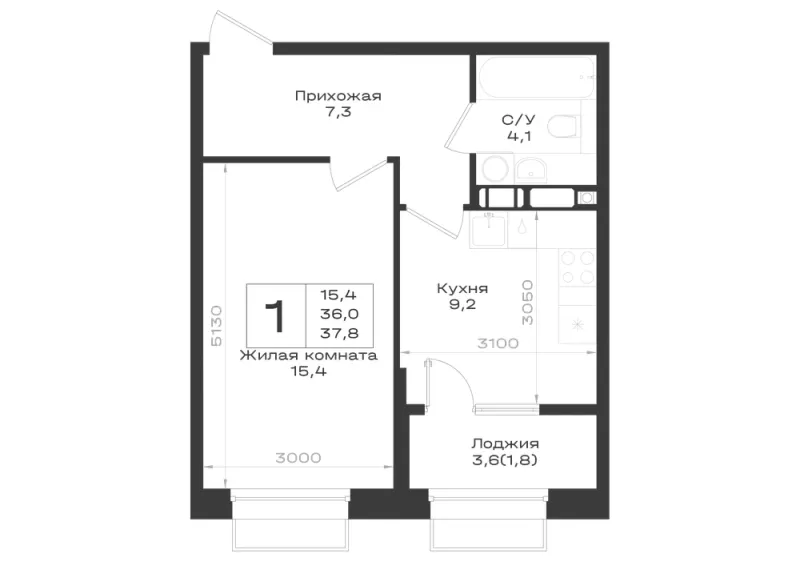 1-комн. 37.8 м²