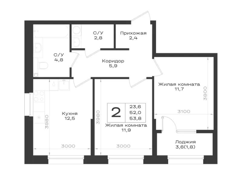 2-комн. 53.8 м²