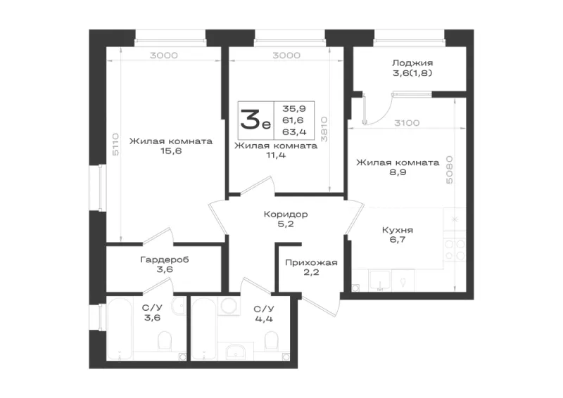 3-комн. 63.4 м²