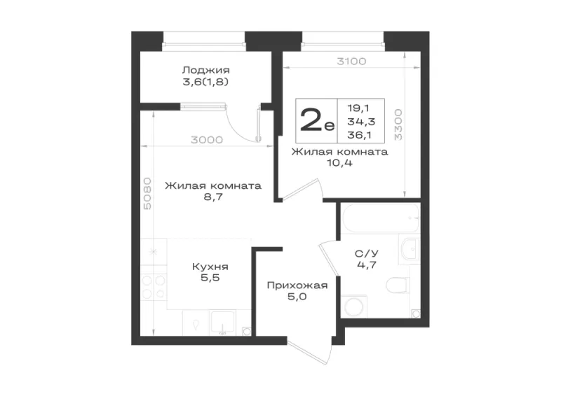 2-комн. 36.1 м²
