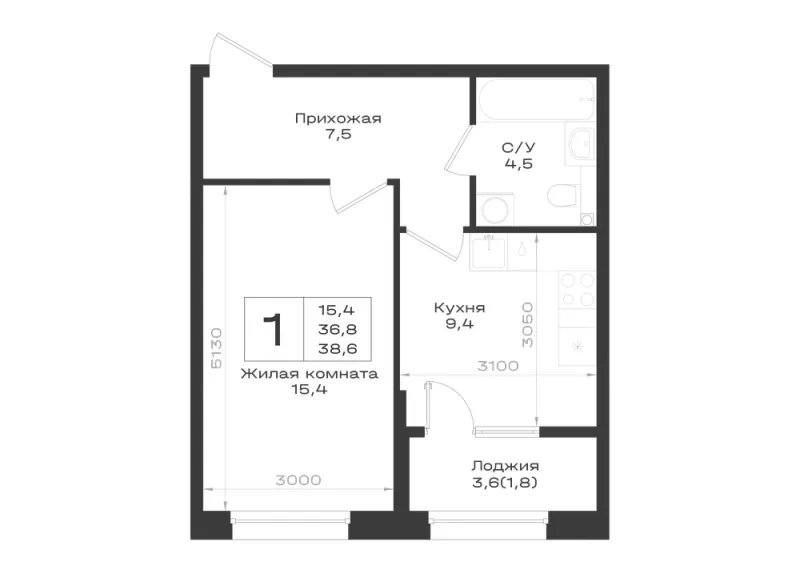 1-комн. 38.6 м²