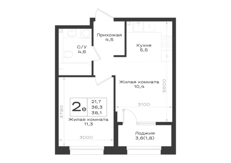 2-комн. 38.1 м²