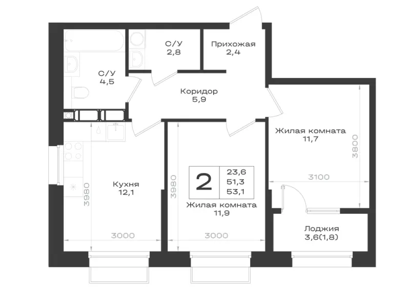 2-комн. 53.1 м²