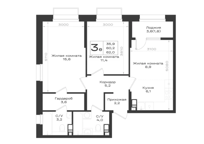 3-комн. 62 м²