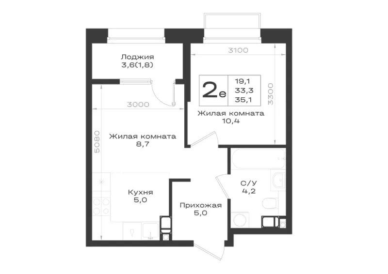 2-комн. 35.1 м²