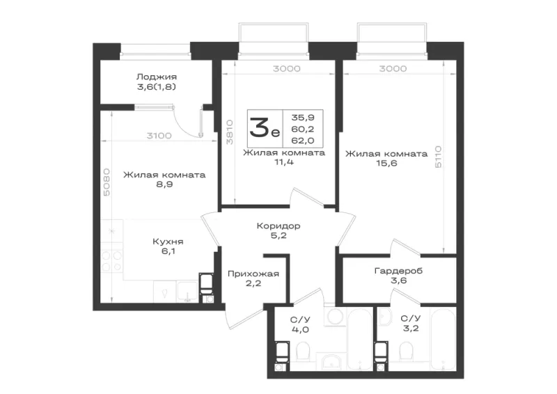 3-комн. 62 м²