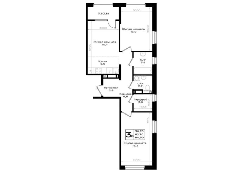 3-комн. 64.5 м²