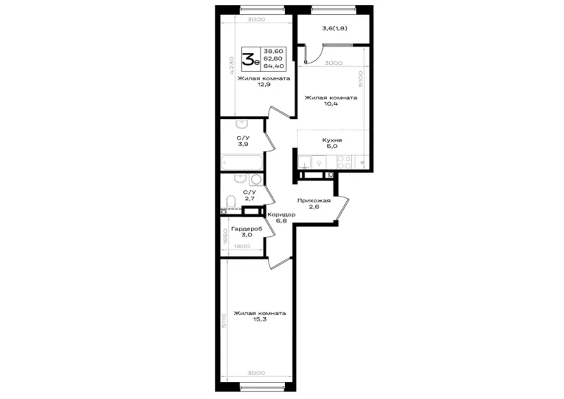 3-комн. 64.4 м²