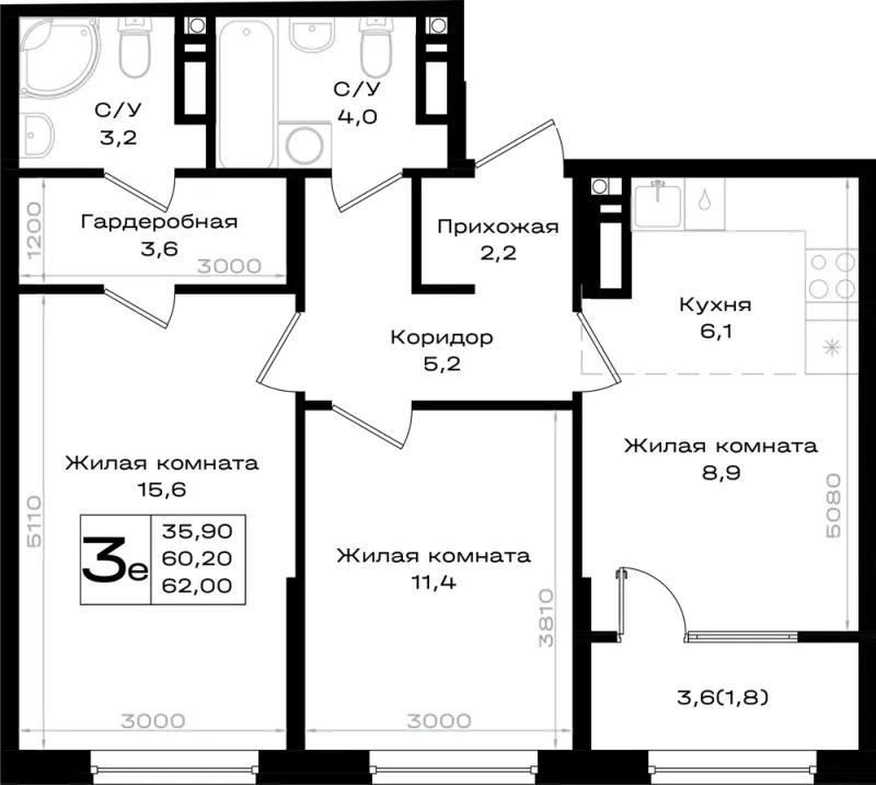 3-комн. 62 м²
