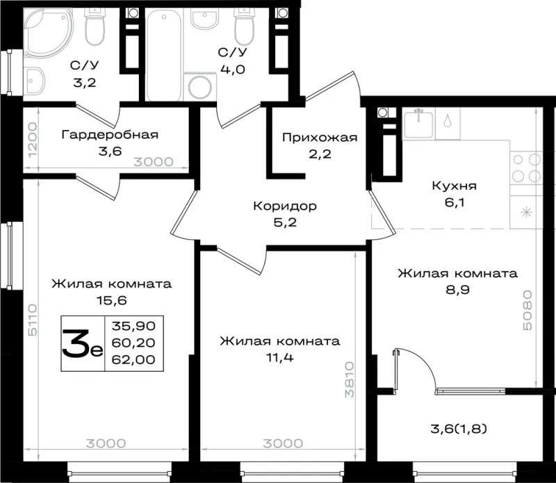 3-комн. 62 м²